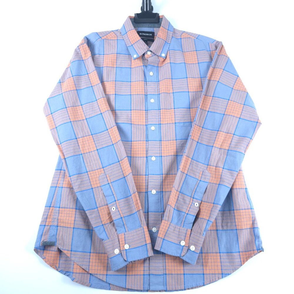 Bonobos Men’s Large Slim Fit Blue Orange Plaid Button Down Shirt Cotton Hemp